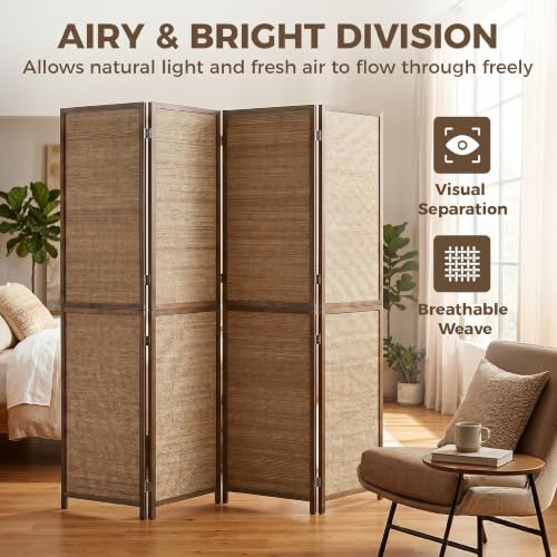 HOMCOM Room Divider, 6 FT Tall Folding Privacy Screen, 4-Panel Boho Brown