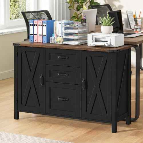Vabches File Cabinet with 3 Drawers, Farmhouse Lateral File Cabinet Fits Files Letter/A4 Size, Wooden Filing Cabinet with Door and Adjustable Shelves Printer Stand for Home Office, Dark Brown