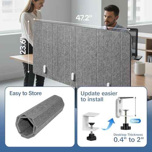 48" Desktop Privacy Screen - Sound Absorbing Felt Panel, Clamp-On Foldable Office Divider for Desk, Dark Grey
