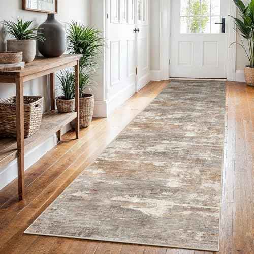 2'6x12 Runner Rug Washable Abstract: Non Slip Hallway Floor Mat Brown/Brick