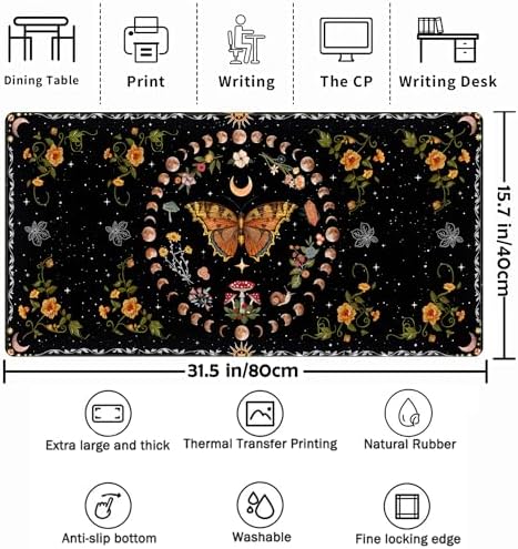 Moth Desk Pad Mushroom Phase Moon Phase Desk Mat, Boho Flowers and