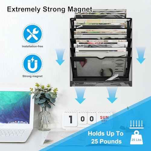 6 Tier Magnetic File Holder, Large Capacity Mesh Hanging Wall Organizer Vertical Magnetic Hanging File Organizer, Magnetic File Folder Holder for File Cabinets, Office, Whiteboard (Black)
