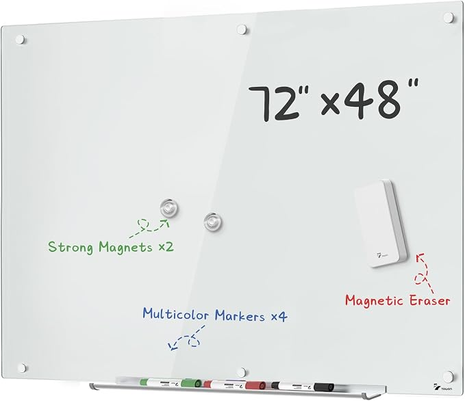 TOWON 6 x 4ft Glass Whiteboard Wall – Magnetic White Dry Erase Board by TOWON