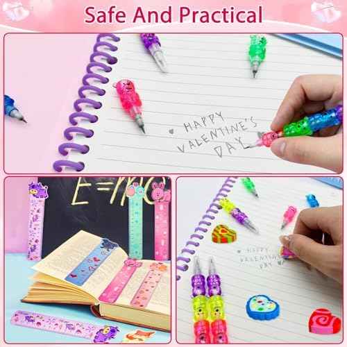 24 Pack Valentines Day Classroom Exchange Gift for Kids with Stationery Set Assorted Valentines Day Cards for Kids School Valentines Party Favors for Class with Goodie Bag and Pencils, Erasers, Rulers