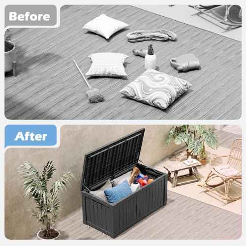 Outdoor Storage Box, 155 Gallon Resin Deck Boxes Outdoor Waterproof For Patio Furniture, Garden Tools, Pool Supplies, Lockable And UV Resistant (Striped Black)
