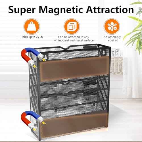 6 Tier Magnetic File Holder, Large Capacity Mesh Hanging Wall Organizer Vertical Magnetic Hanging File Organizer, Magnetic File Folder Holder for File Cabinets, Office, Whiteboard (Black)