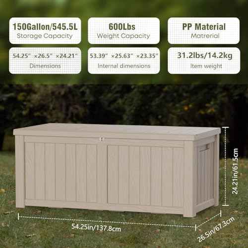 150 Gallon Outdoor Deck Box Waterproof, Large Storage Box for Patio, Resin Storage Bench Lockable for Garden Tools, Package Delivery, Grey
