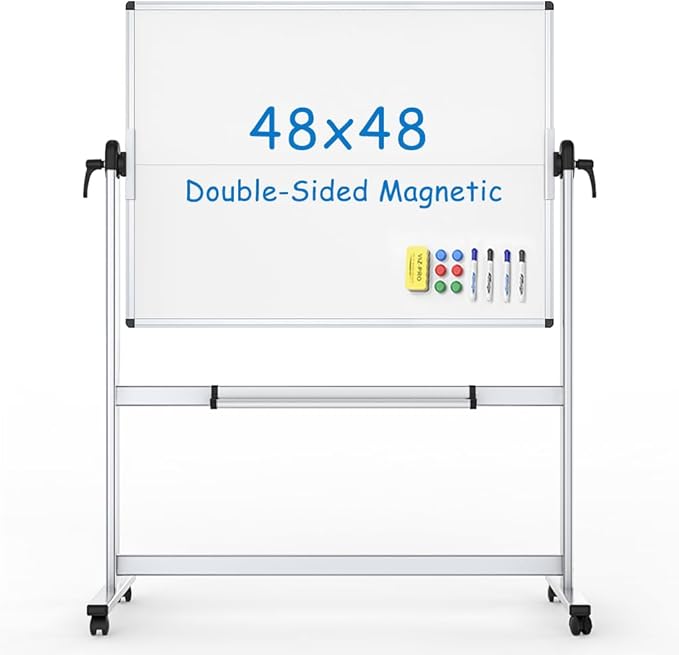 VIZ-PRO Double-Sided Mobile Whiteboard, 48 x 48 Inches, Magnetic Rolling Dry by VIZ-PRO