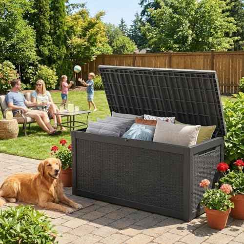 Outdoor Storage Box 325GAL Waterproof Resin Deck Box,Pool Accessories Supplies，UV-Resistant Lockable Package Delivery Bin for Garden Tools,Large Patio Outside Cushions,Chest,Furniture,Black
