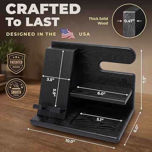 TESLYAR Wood Phone Docking Station for Men - Desktop or Nightstand Organizer - Birthday Gifts for Men, Dad - Anniversary Idea from Wife - Key Holder, Stand Wallet, Watch & Essentials (Granite Black)