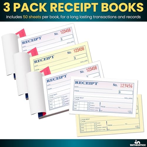1InTheOffice Money and Rent Receipt, 2-3/4 x 5-3/8 Inches, 2-Parts, Carbonless, White/Canary, 50 Sets per Book (3 Books)