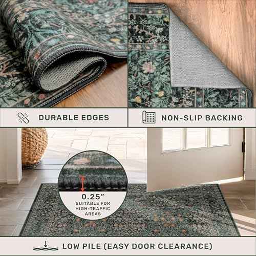 Dark Green Washable 2x8 Runner Rug Non Slip for Kitchen, Hallway, Entryway Indoor, 8ft Long Rubber Backed Low Pile Carpet Runners - Stain Resistant Vintage Floor Décor