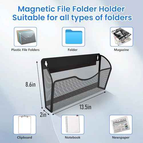 Magnetic File Holder 3PCS Wall File Folder Organizer, No Drilling Hanging Magazine Rack for Refrigerator, Document Paper Mail Folder Holders Office File Magnetic Organizer (Black)