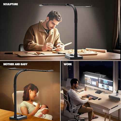 LED Desk Lamp for Home Office - 24W Bright Double Head Desk Light with Clamp Eye Caring Architect Task Light 25 Lighting Modes Adjustable Flexible Gooseneck Lamp (All Black)