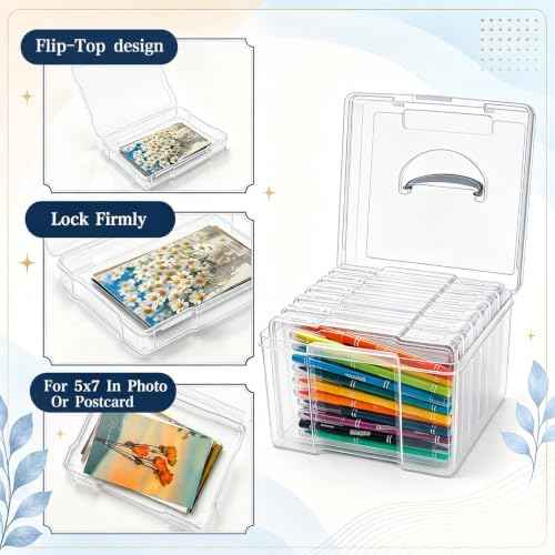 Yesland 5x7inch Photo Storage Box, 6 Inner Photo Cases Keeper with Handle, Clear Plastic Seed Organizer, Craft Storage Container for Greeting Cards Pictures Stamps Scrapbooking Office Supplies