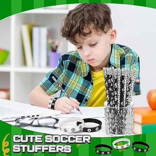 Sabary 48 Pcs Sports Pencils Silicone Bracelets Set Soccer Football Basketball Baseball Wooden Pencil Rubber Wristbands for Birthday Gifts Sports Party Favors(Soccer)