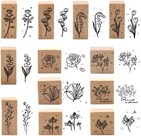 12 Pieces Vintage Wooden Flower Stamp Rubber Plant Decorative Mounted Rubber Stamp Set for DIY Craft, Letters Diary and Craft Scrapbooking