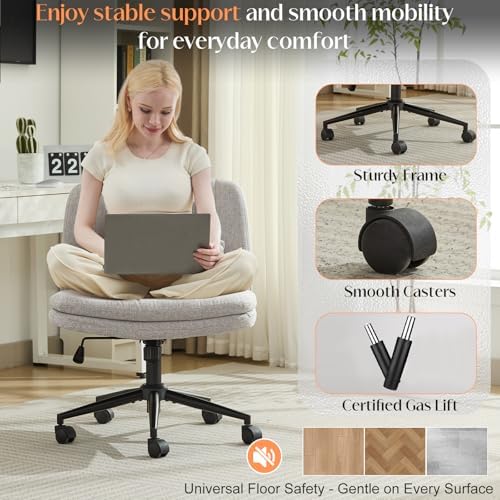 Criss Cross Chair with Wheels, Comfy Armless Cross Legged Office Chair with Wide Seat, Double-Thick Cushion, Pillow, Adjustable Swivel Computer Task Vanity Home Office Desk Chair (Gray, with Wheels)