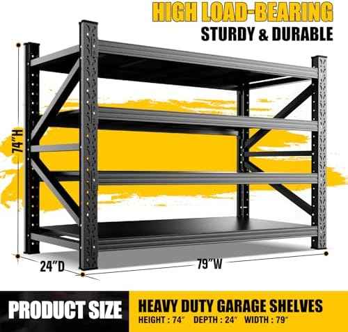 Garage Shelving 4 Tier Heavy Duty Storage Shelves 6000LBS Metal Shelving Unit,Adjustable Heavy Duty Shelving for Garage, Basement, Warehouse, Storage Room, 79" W x 24" D x 73" H Black