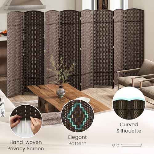 GOFLAME 8 Panel Room Divider, 6 Ft Tall Folding Privacy Screen with Hand-Woven Texture & Solid Wood Frame, Fully Assembled Wall Divider and Partition Screen for Room Separation, Brown