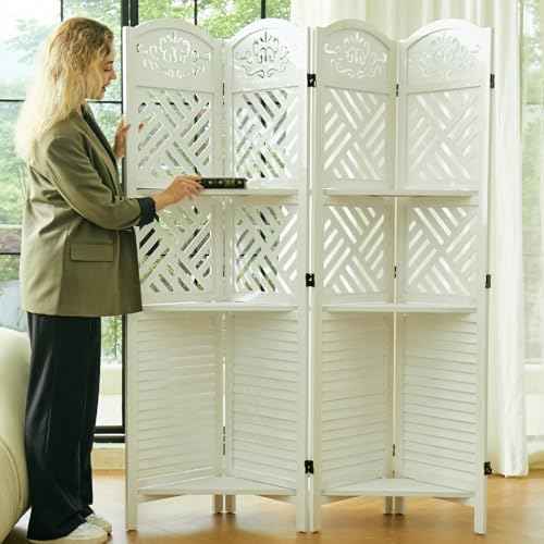 Svimi Room Divider with Shelves, 68.9inch Wood Carved and Louvered Wall Divider Freestanding, 4 Panels Folding Partition Screen for Bedroom Home Office (White)
