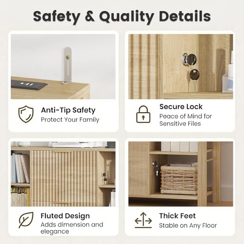Filing Cabinet for Home Office, Fluted Wood File Cabinet with 2 Drawers Fit Letter/Legal/A4 Folders with Tabs, 43.3"W Printer Stand with Lock & 2 Power Outlets, 6 Storage Shelves (Natural Oak)