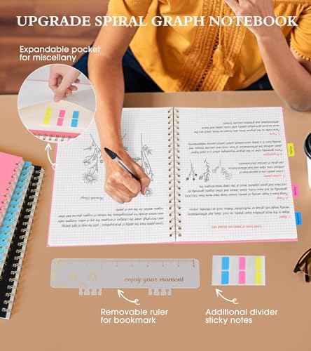Graph Paper Notebook, Spiral Notebook Journal 8.5” x 11”, A4 Large Grid Notebooks for Women Men, 100 GSM Graph Paper, Plastic Hardcover Spiral Graphing Journals for Work School Engineering, Pink