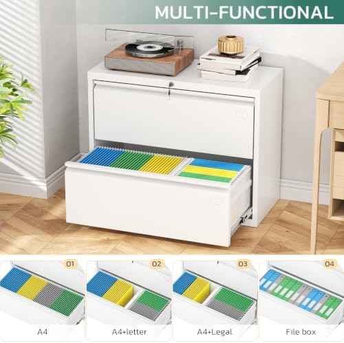 Greenvelly 2 Drawer File Cabinet, Metal Filing Cabinet with Lock, Locking File Cabinet for Home Office, Lateral File Cabinet for Letter/Legal/F4/A4 Size Hanging Files, Easy Assembly, White
