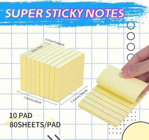 10 Pack Yellow Sticky Notes 3x3 in with Lined for School Students Home