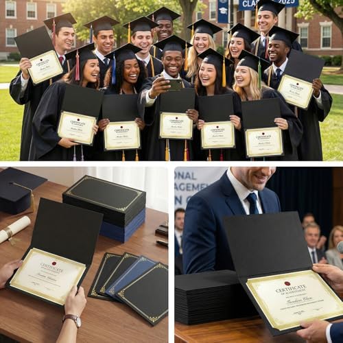 SUNEE Certificate Holders(Black, 30 Packs), Diploma Covers Gold Foil Border, for Letter Size 8.5x11 Certificates, Cardstock, Document Papers