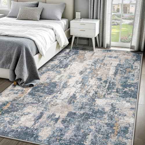 6x9 Area Rugs for Living Room: Washable Abstract Rug Modern Neutral Soft Large Indoor Rugs Non Slip Low Pile Carpet for Bedroom Nursery Dining Room Office(Blue Brown, 6'x9')