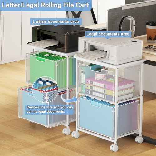 Sbanmao Letter/Legal Rolling File Cabinet, Rolling File Cart with 2 Drawers Filing Cabinet for Home Office, Hanging File Folders Organizer for Under Desk Storage, Mobile Printer Stand, White