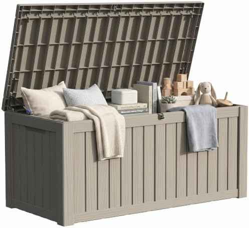 150 Gallon Outdoor Deck Box Waterproof, Large Storage Box for Patio, Resin Storage Bench Lockable for Garden Tools, Package Delivery, Grey