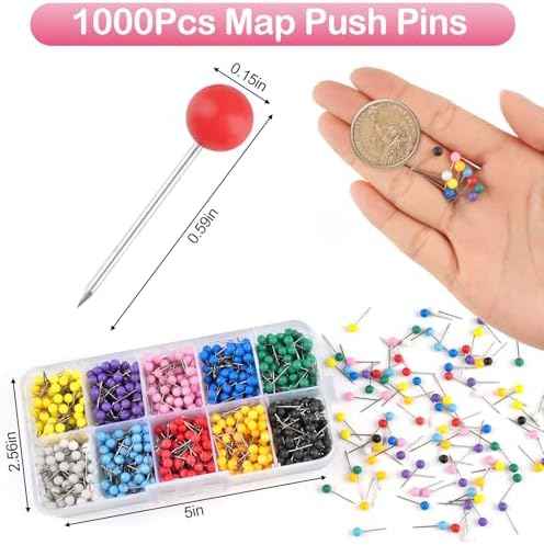 1000 Pcs Multi-Color Push Pins, Map Pins for Travel Map, 1/8" Map Tacks