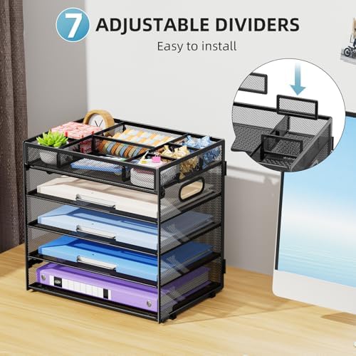 Marbrasse 5 Tier Paper Organizer, Mesh Desk Letter Tray with Handle,Black