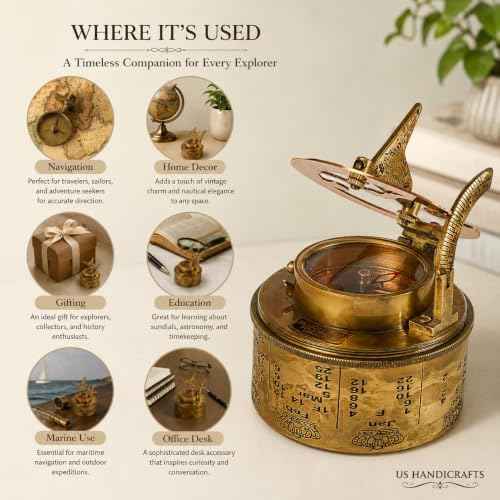 Vintage Brass Sundial Compass with Leather Case – Antique Marine