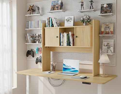Fluted Desktop Bookshelf, 35.4 Inch x 31.5 Inch Wooden Desk Organizer, Desk Hutch with 2 Doors, Desktop Shelf Storage Rack, for Home, Office, Dorm, 2-Tier, Wood