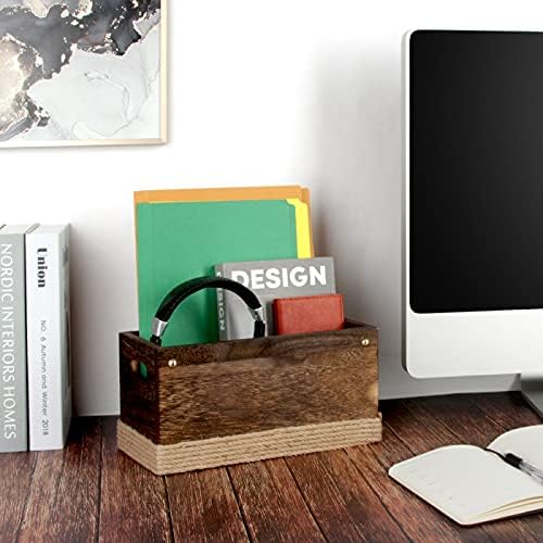 J JACKCUBE DESIGN Rustic Torched Wooden Tabletop Mail Organizer Box, Decorative Letter, Bill Storage Holder Sorter Box with Handles for Countertop, Office Desk, Entryways- MK1051A (Rustic Wood)