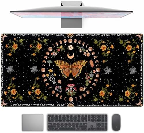 Moth Desk Pad Mushroom Phase Moon Phase Desk Mat, Boho Flowers and