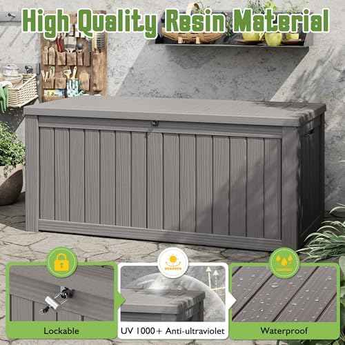 KAMABOKO Outdoor Storage Box, 150 Gallon Large Outdoor Resin Deck Box, Storage Waterproof Boxes Lockable Lid for Garden Tools, Pool Supplies, Patio Furniture and Cushions, Grey