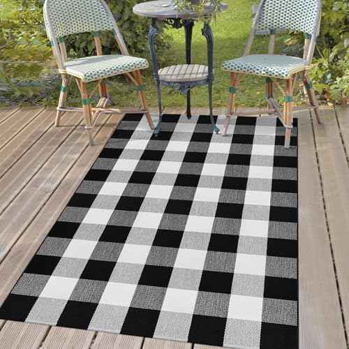 3x5 Ft Buffalo Plaid Area Rug, Black and White, Machine Washable