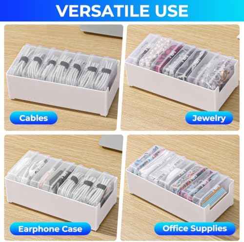 Cable Organizer Storage Box 7 Case Cable Box with Cable Straps and Label Stickers, Travel Cord Organizer for Charging Cables, USB Wires, Earphones – Drawer Organization for Home & Office