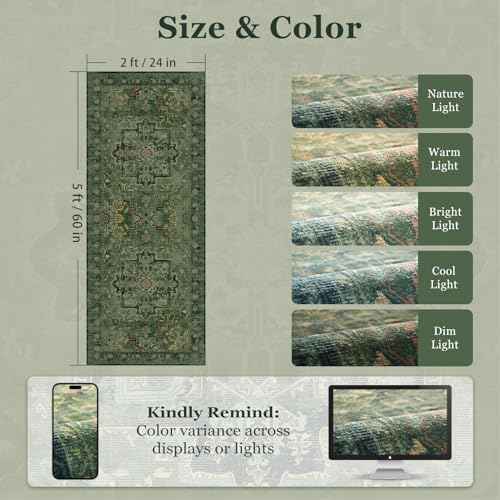 Green Boho 2x5 Runner Rugs for Hallways Non Slip Machine Washable, Low Pile Lightweight Carpet Runner for Entryway/Kitchen/Bathroom/Corridor/Laundry Room Distressed Vintage Medallion Printed