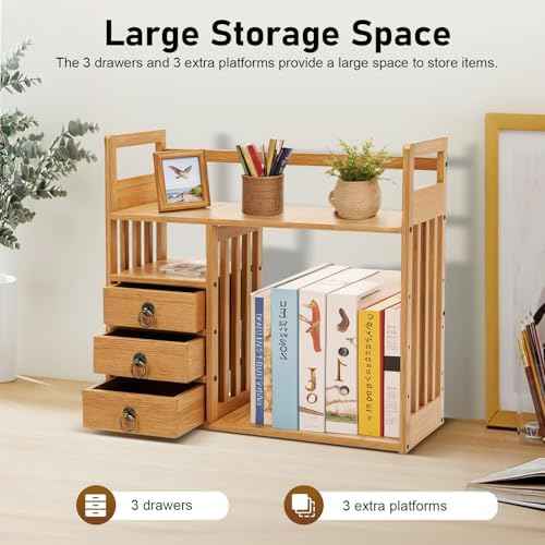 Desktop Storage Shelf, Bamboo Home Office Storage Rack with 3 Drawers, Modern Rectangular Desktop Organizer, File Holder Storage Rack for Office Home School