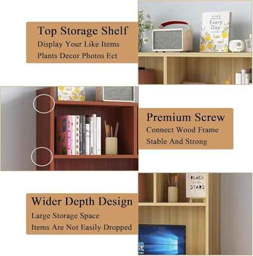 Desk Hutch for Dorm,Wooden Desktop Bookshelf with Storage Display Rack,Freestanding Bookcase for Computer Desk,Desk Top Organizer Shelf for Home Office (White, 31.5″W×7.9″D×35.4″H)