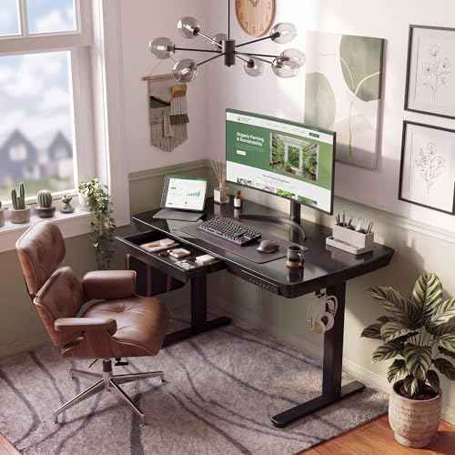 INNOVAR 32" Small Glass Standing Desk with Drawers & USB Ports, Whole-Piece Glass Top Adjustable Height Desks, Quick-Install Electric Sit-Stand Up Desk for Home Office & Computer Workstation, Black