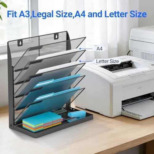 Legal/Letter Size Hanging Wall File Organizer Desktop Self Standing File Organizer,6-Tier Wall Mount Paper Document Folder Holder,Metal Mesh Magazine Rack for Office Home, Black