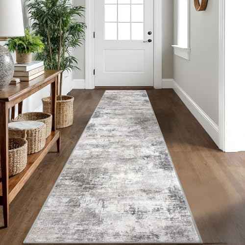 IOHOUZE Abstract Runner Rug 2x10 Ft Washable Runners for Hallways, Non Slip Kitchen Runner Printed Faux Wool Entryway Runner Indoor, Modern Abstract Floor Carpet for Hall Kitchen, Grey Beige