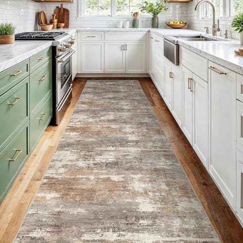 2'6x12 Runner Rug Washable Abstract: Non Slip Hallway Floor Mat Brown/Brick