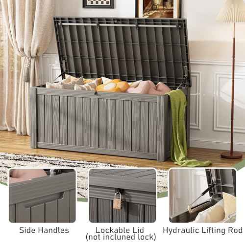 KAMABOKO Outdoor Storage Box, 150 Gallon Large Outdoor Resin Deck Box, Storage Waterproof Boxes Lockable Lid for Garden Tools, Pool Supplies, Patio Furniture and Cushions, Grey